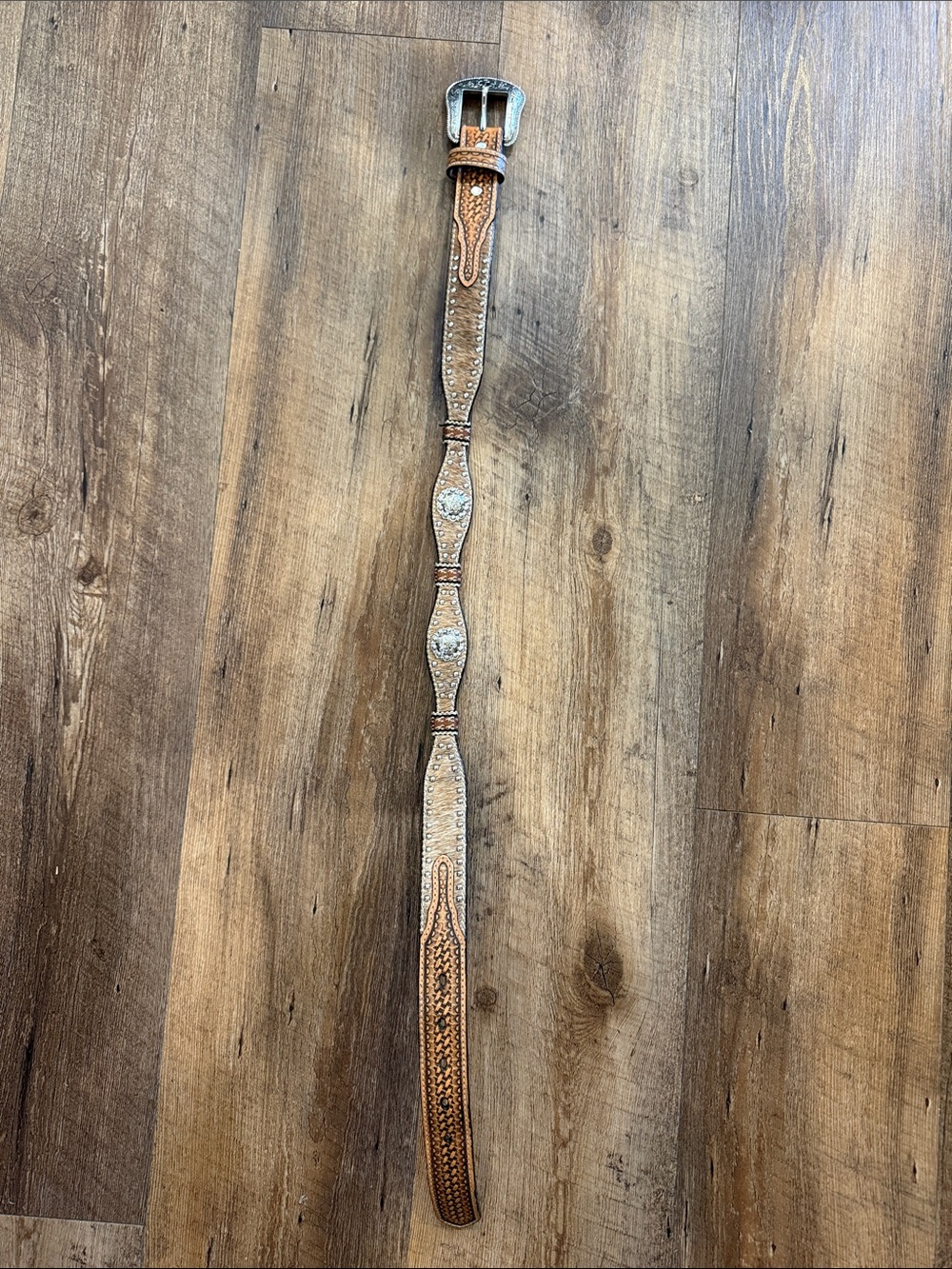 Tooled Brown Kids Western Belt with Silver Conchos